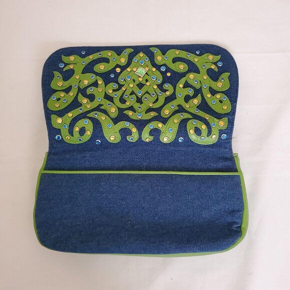 Bueno Gemstone Embellished Blue Green Denim Fabric Purse Tote Shoulder Bag - Picture 8 of 13